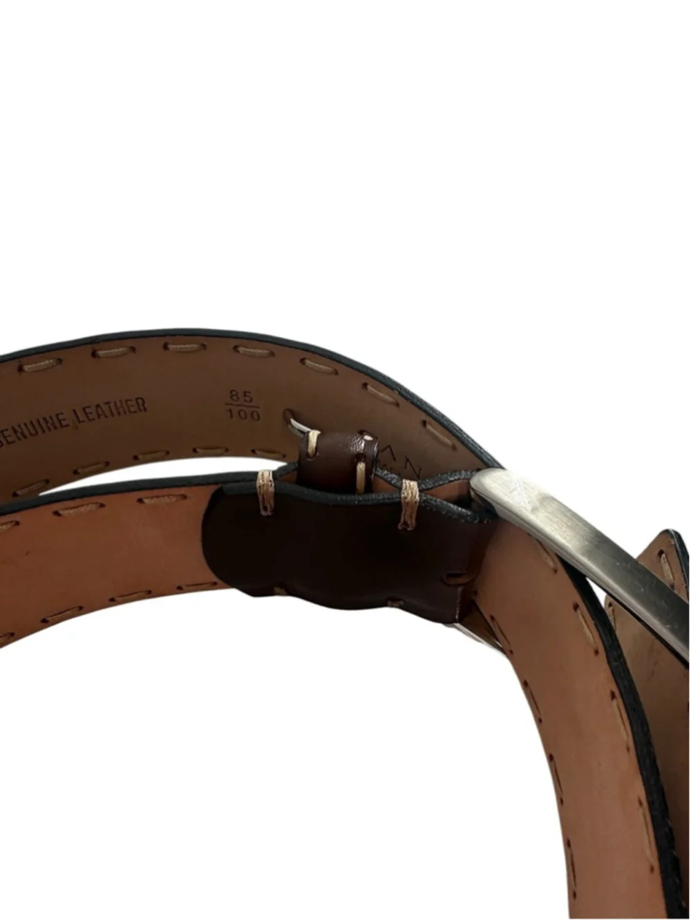 Canali Brown Leather Belt Contrast Stitch Handmade solid brass designer 85/100